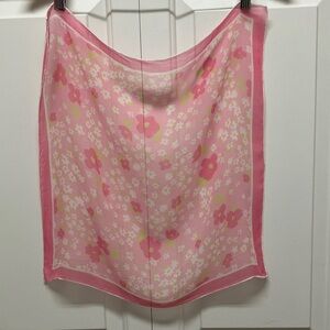 Vintage silk scarf, small lightweight square, pink floral with rolled edges